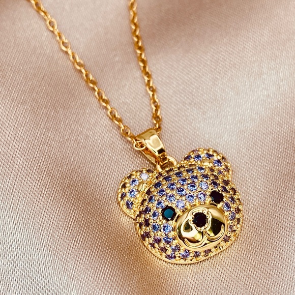 Luzy Jewelry Jewelry - Cute Lilac Pave CZ Teddy Bear Pendant Lip Chain Dainty Necklace in Gold